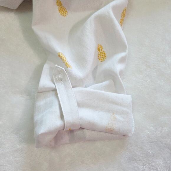 Nine West Linen Viscose White Shirt, Pineapple Print, Collarless V-Neck Roll Tab - Picture 4 of 9